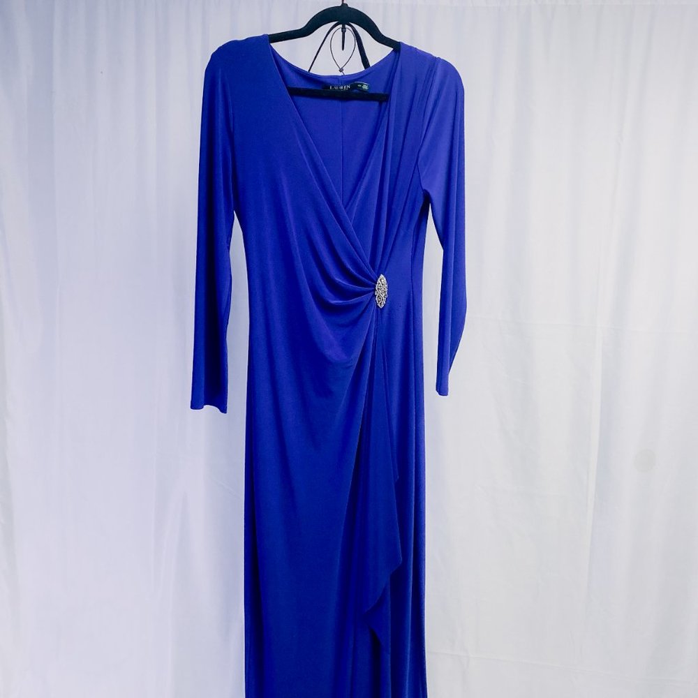 Women's Lauren Ralph Lauren Royal Blue V-neck Jersey Gown Petite Evenings Formal - Picture 3 of 14